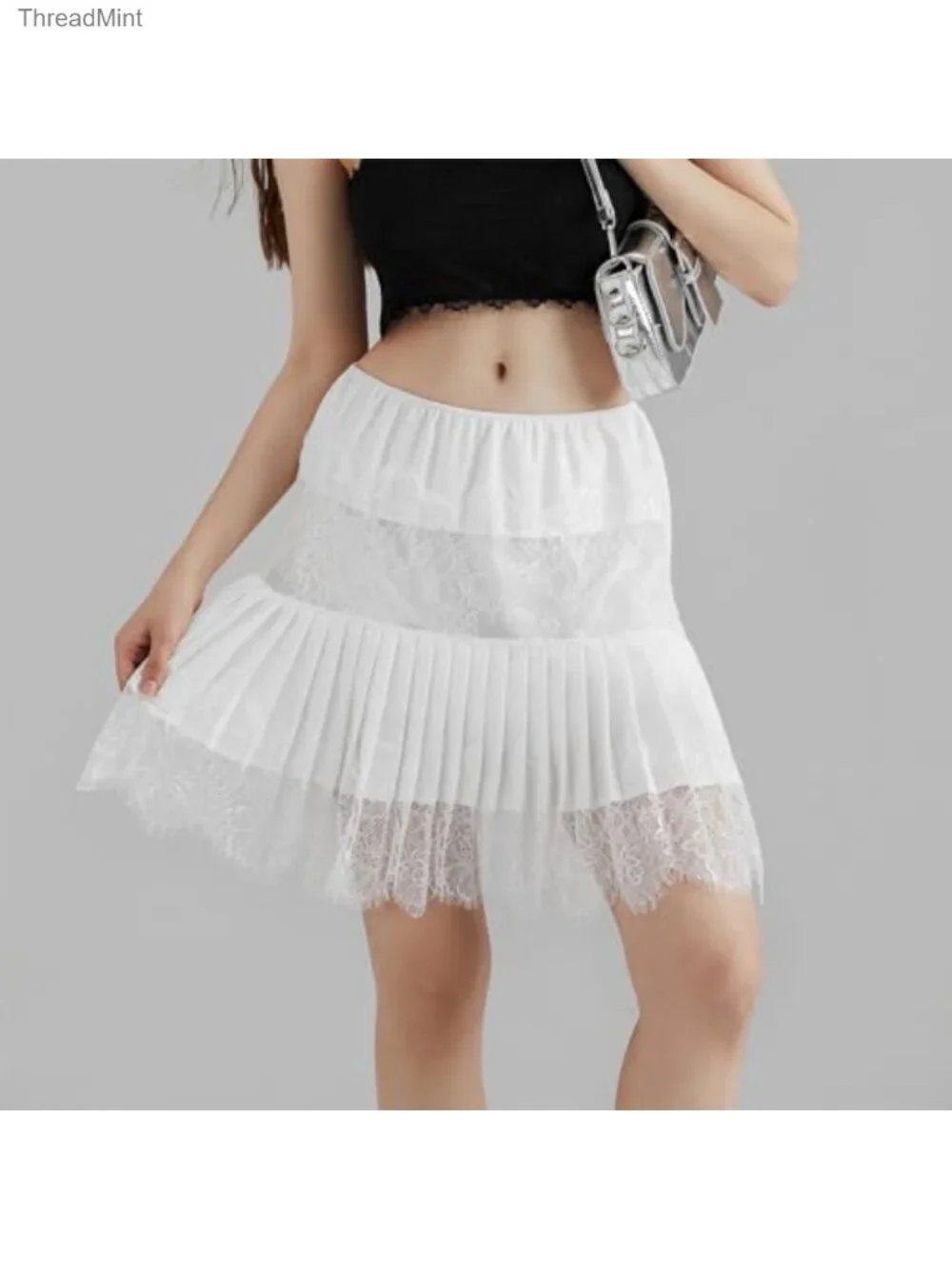 Women Lace Slip Skirt Mini Ruffle Pleated Flowy Y2k Short Skirt